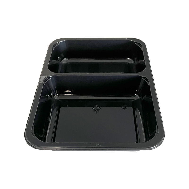 Model 016 - 27 oz Rectangle 2 Compartment Black CPET Tray
