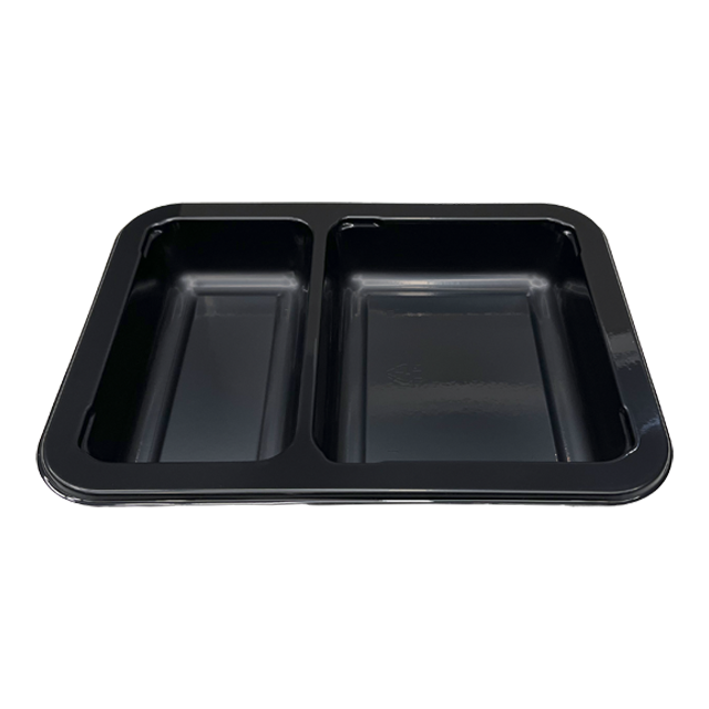 Modelong HS11 - 34 oz Rectangle 2 Compartment Black CPET Tray
