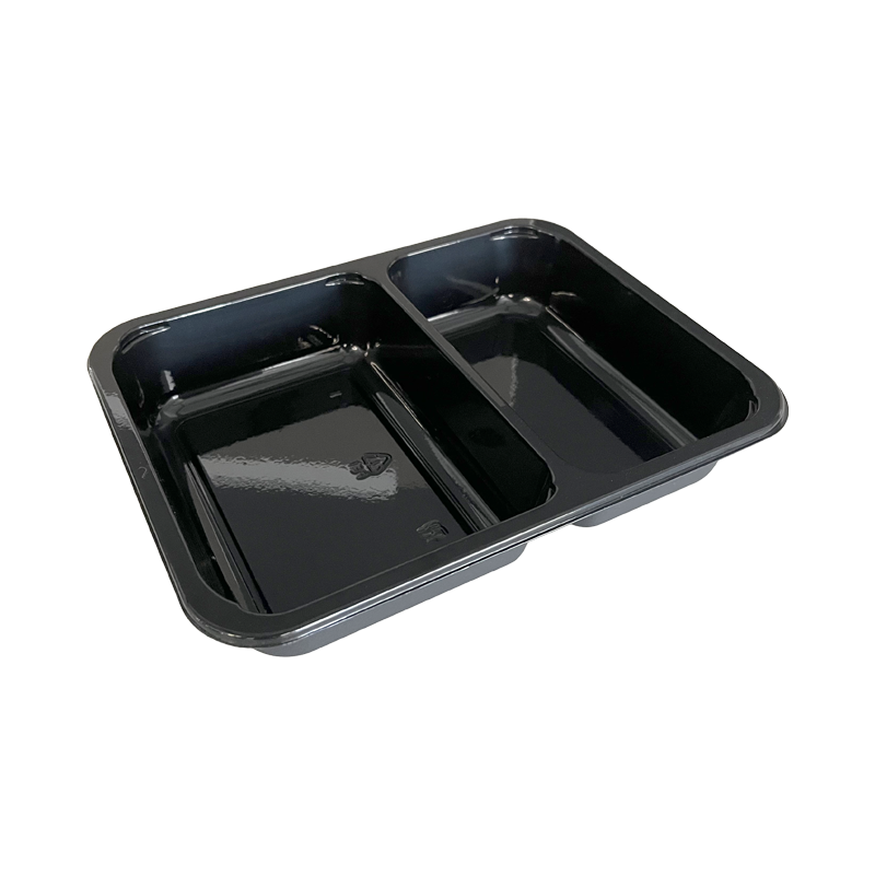 Model 016 - 27 oz Rectangle 2 Compartment Black CPET Tray