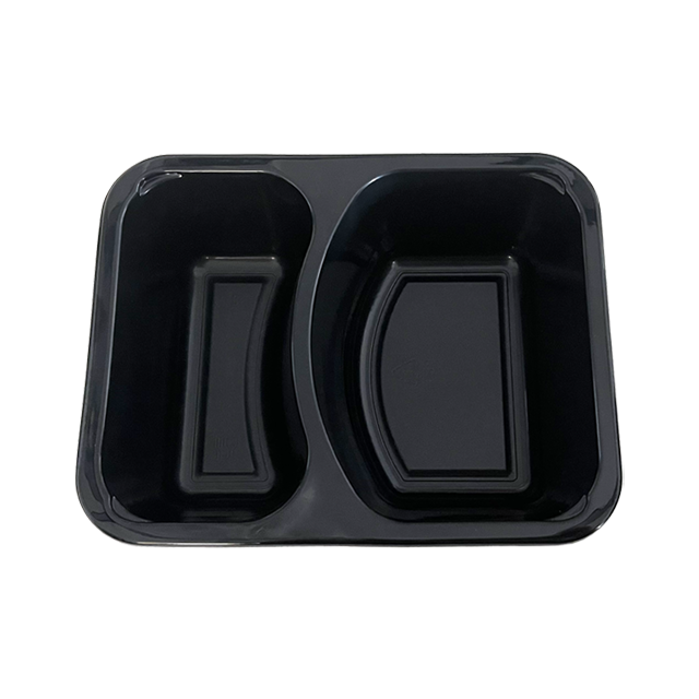 Model 014 - 15 oz Rectangle 2 Compartment Black CPET Tray