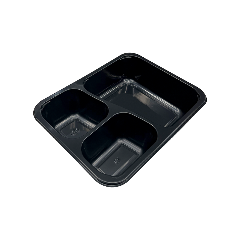 Model HS18 - 47 oz Rectangle 3 Compartment Black CPET Tray