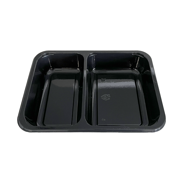 Modell 016 – rechteckiges, schwarzes CPET-Tablett mit 27 Unzen Fassungsvermögen und 2 Fächern