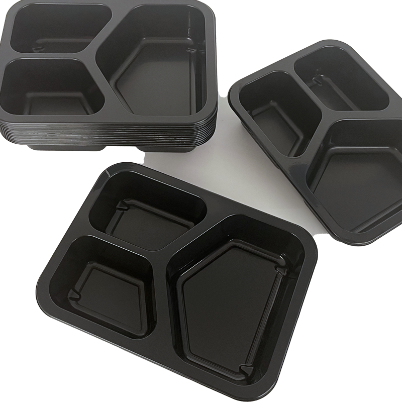 Model 006 - 27 oz. Rectangle 3 Compartment Black CPET Tray 