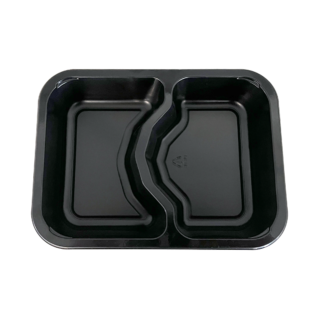 Model JC02 - 25 oz Rectangle 2 Compartment Black CPET Tray