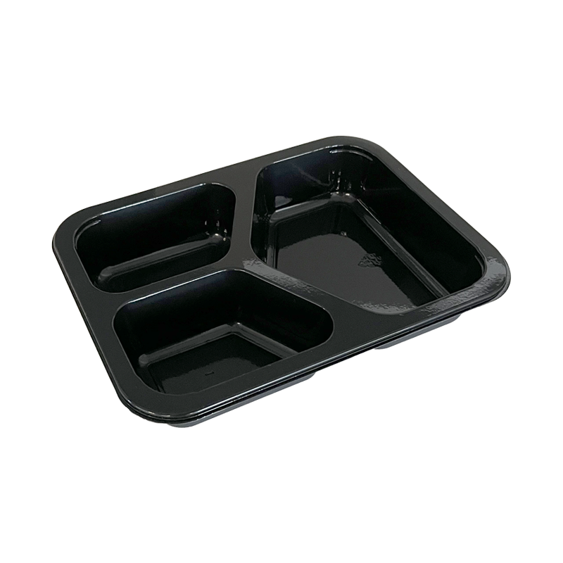 Model 017 - 25 oz Rectangle 3 Compartment Black CPET Tray