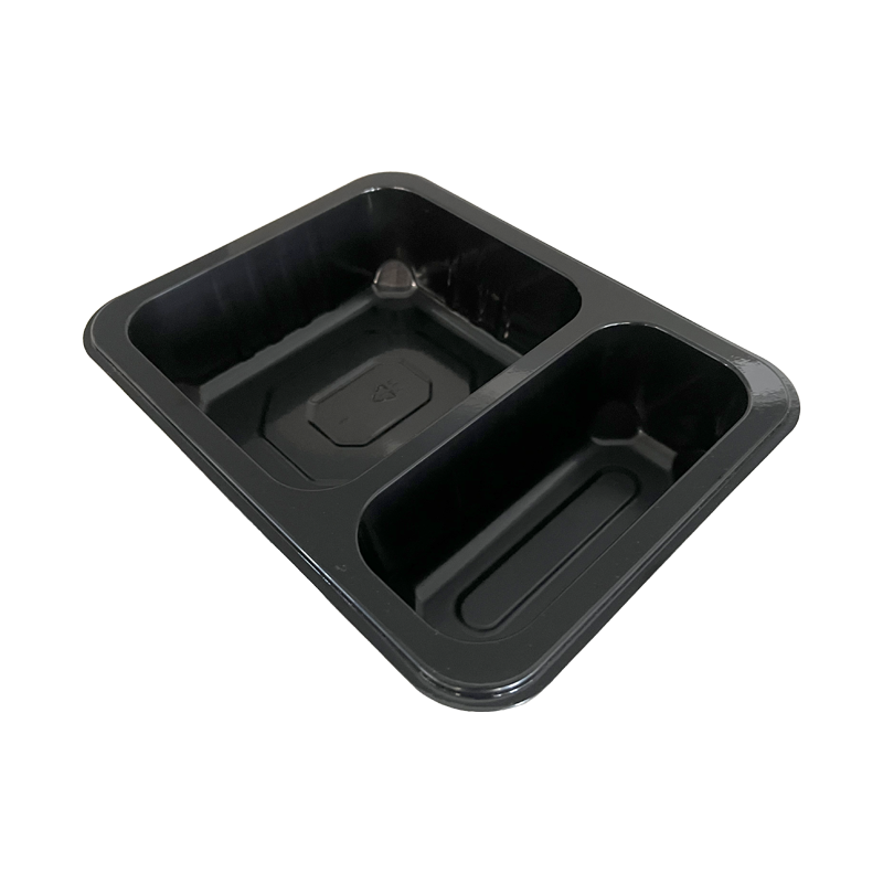 Model HS12 - 34 oz Rectangle 2 Compartment Black CPET Tray